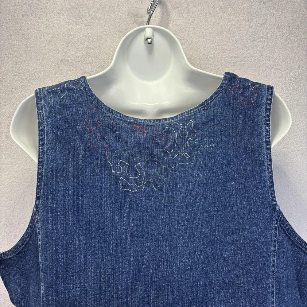 Vintage 90s Denim Painted Maxi Dress Womens XL Blue Floral Embroidered Artsy